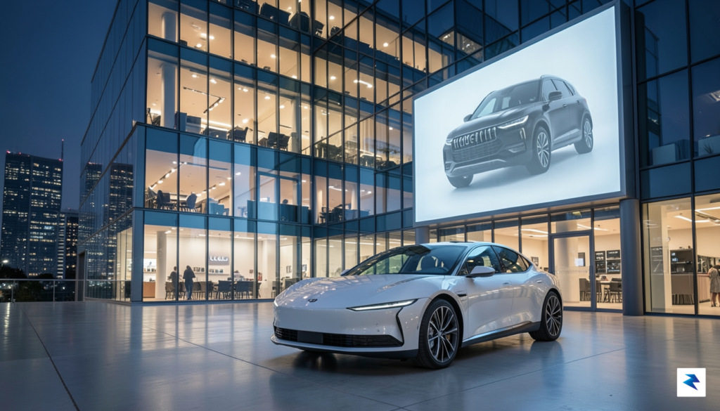 A dynamic, high-angle shot of the Lucid Motors headquarters at&hellip;