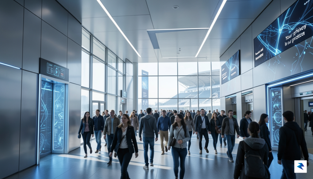 A modern, high-tech stadium entrance with glowing security scanners and…