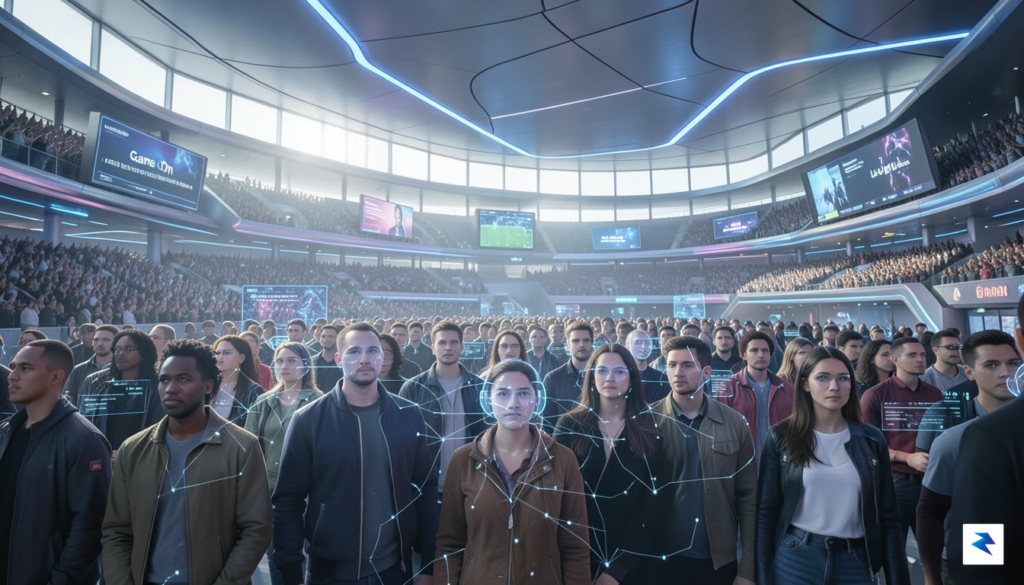A stylized, futuristic stadium interior with subtle digital overlays indicating…