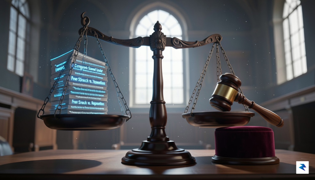 A conceptual illustration of a courtroom scale balancing a stack…