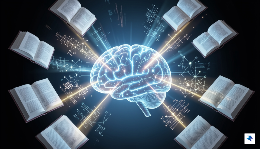 A conceptual illustration showing a digital brain processing layers of&hellip;