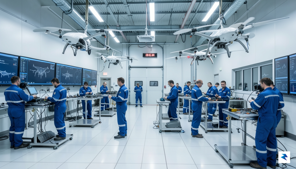A high-tech drone maintenance facility showing technicians working on autonomous&hellip;