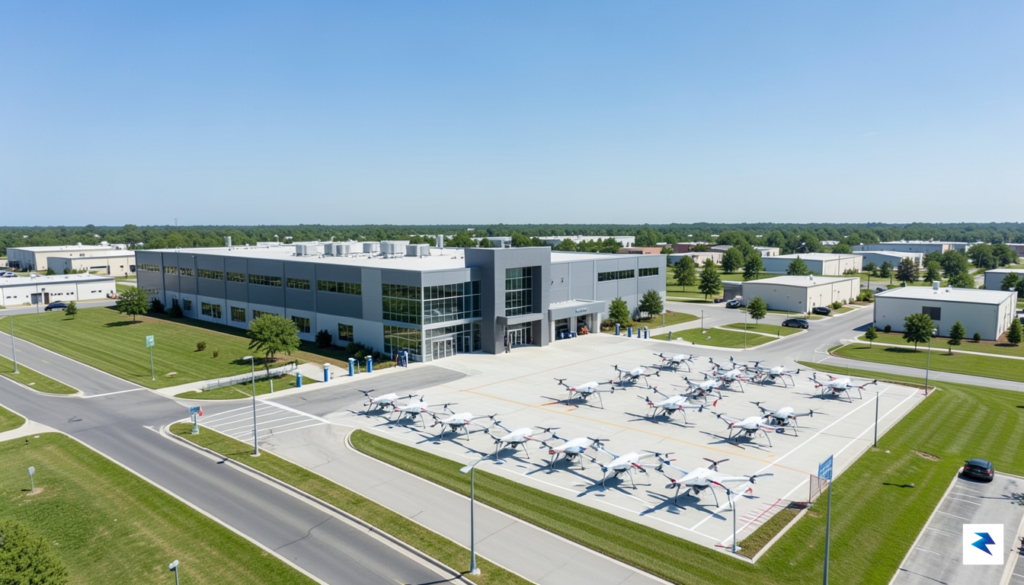 An aerial wide-angle shot showing a modern, high-tech manufacturing facility&hellip;