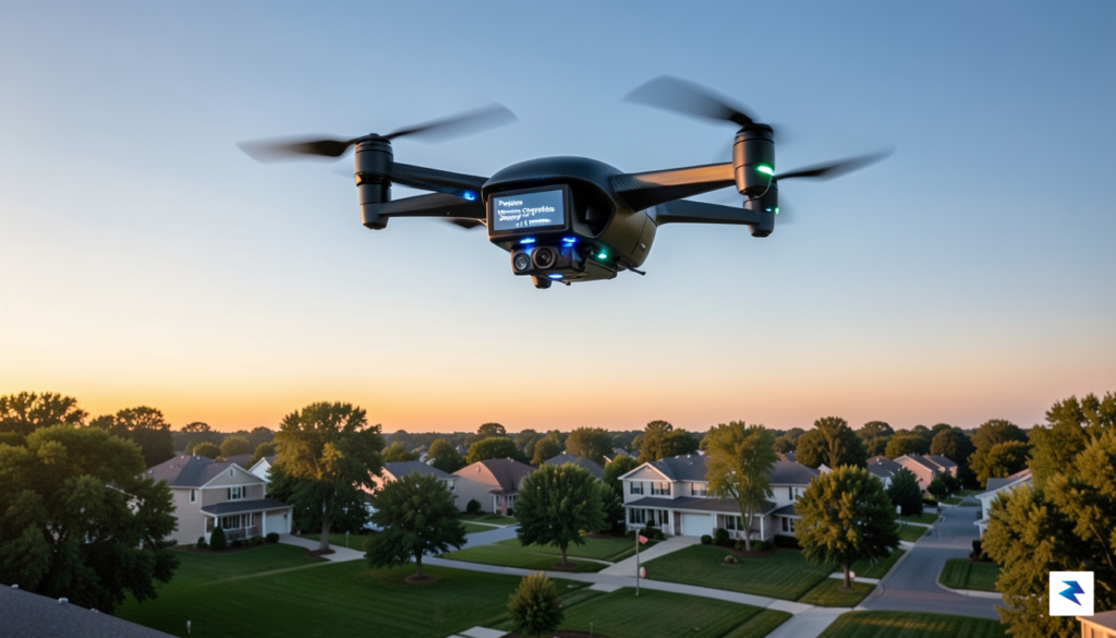 A sleek, high-tech autonomous delivery drone flying gracefully above a&hellip;