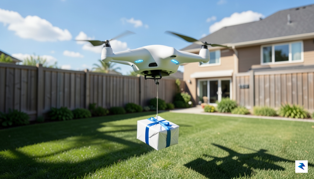 A high-tech, sleek white delivery drone hovering gracefully over a&hellip;