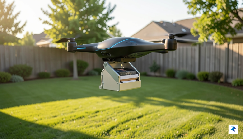 A sleek, modern delivery drone descending toward a suburban backyard&hellip;