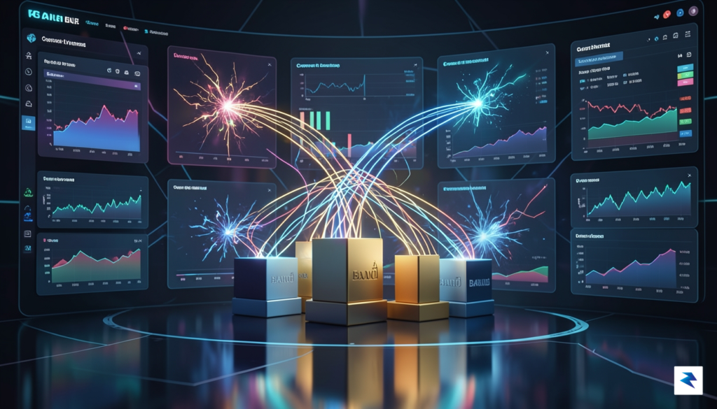 A digital illustration showing a complex financial dashboard where glowing…