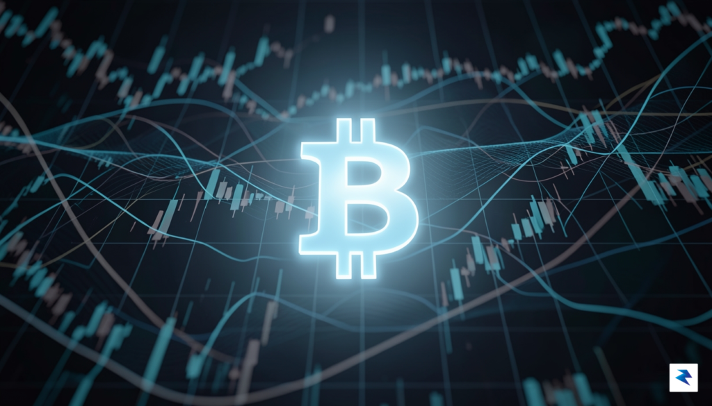 A digital illustration depicting a glowing Bitcoin symbol receding into…