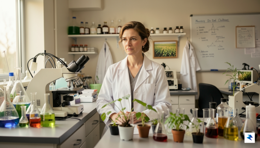 A portrait of Mary-Dell Chilton in a laboratory setting, surrounded…