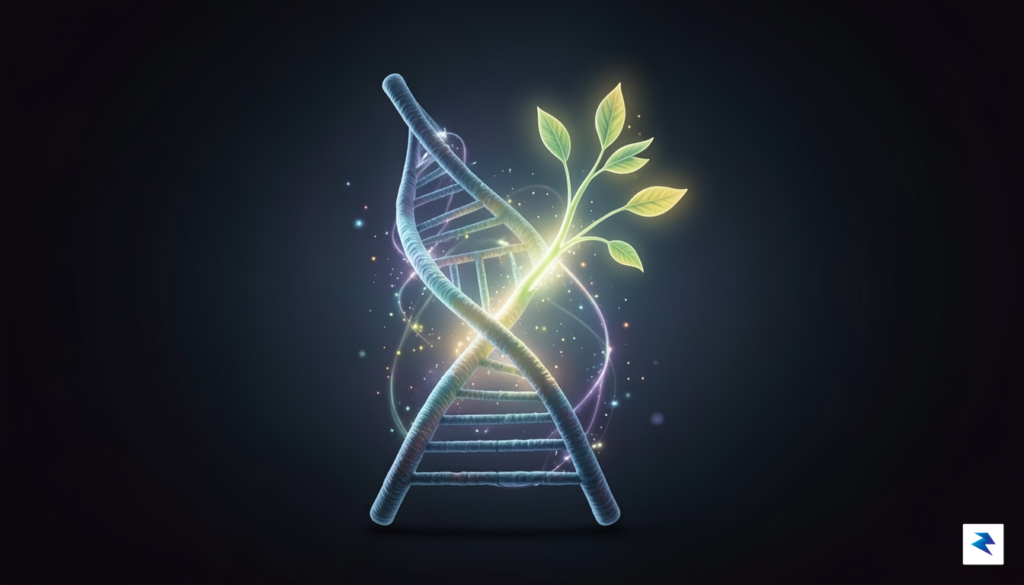 A conceptual illustration showing a DNA double helix intertwining with…