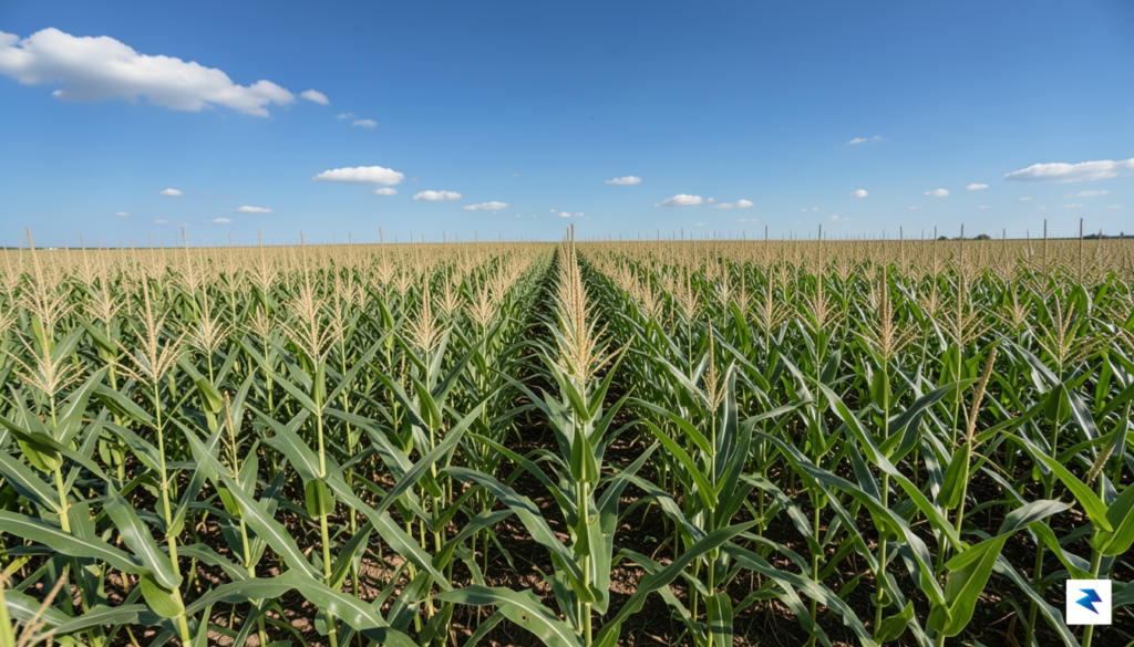 A wide-angle, high-resolution photograph of a vibrant, healthy cornfield stretching…
