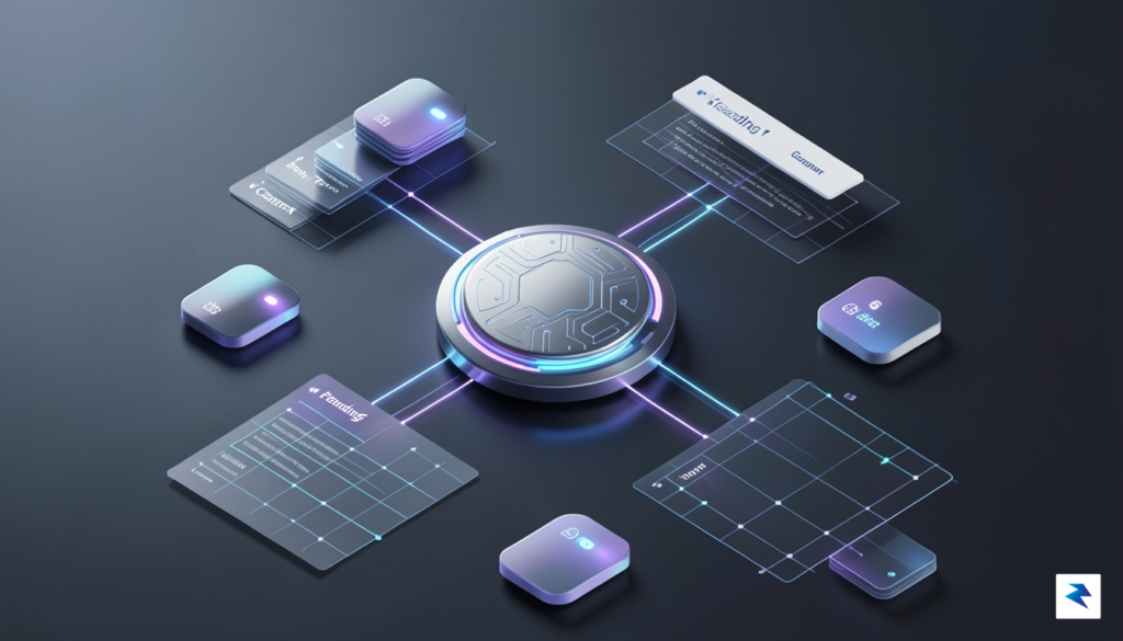 A clean, isometric technical visualization showing a central digital core&hellip;