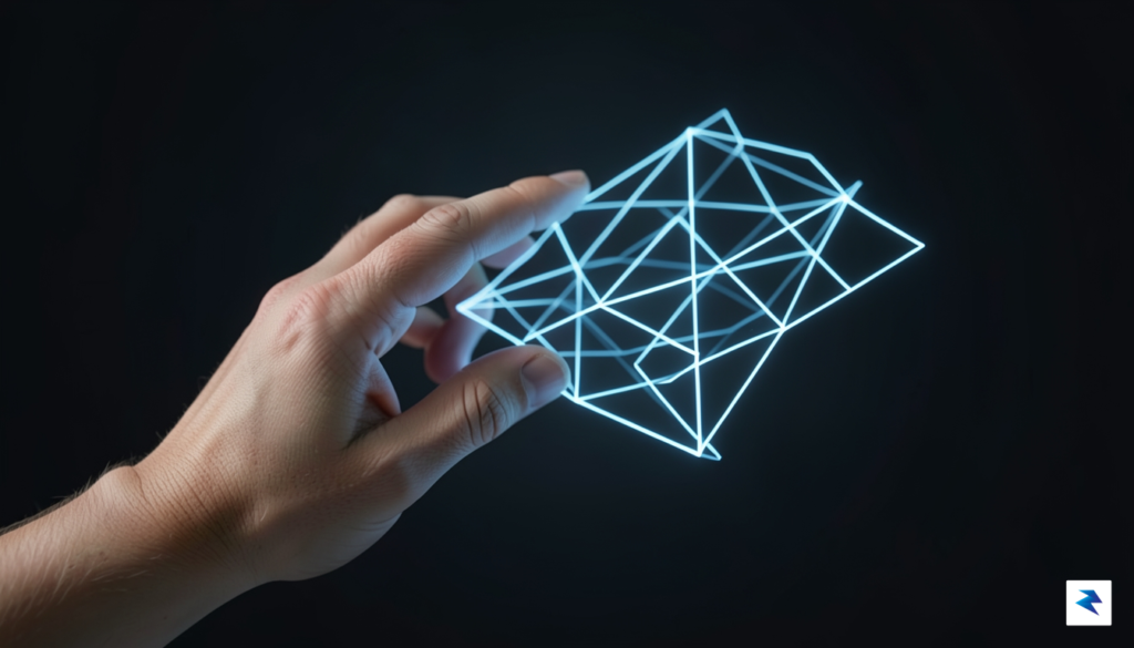 A conceptual digital art piece showing a human hand guiding&hellip;