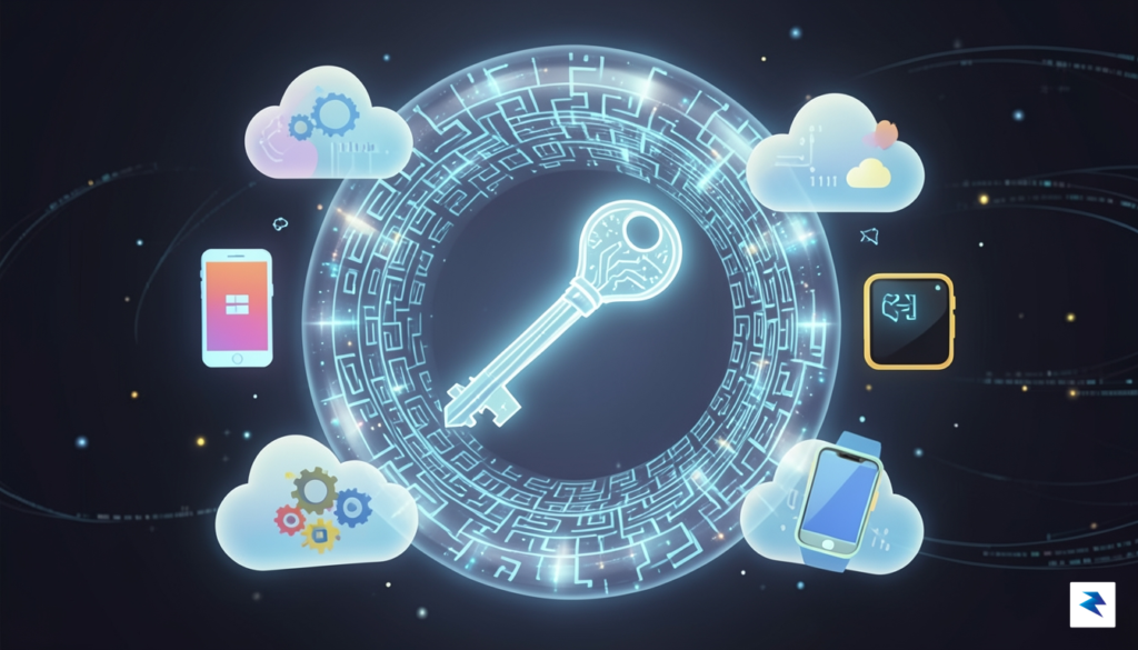 A conceptual illustration showing a digital glowing key being securely&hellip;
