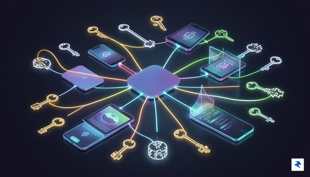An abstract illustration depicting interconnected digital devices (smartphones, laptops, tablets)&hellip;