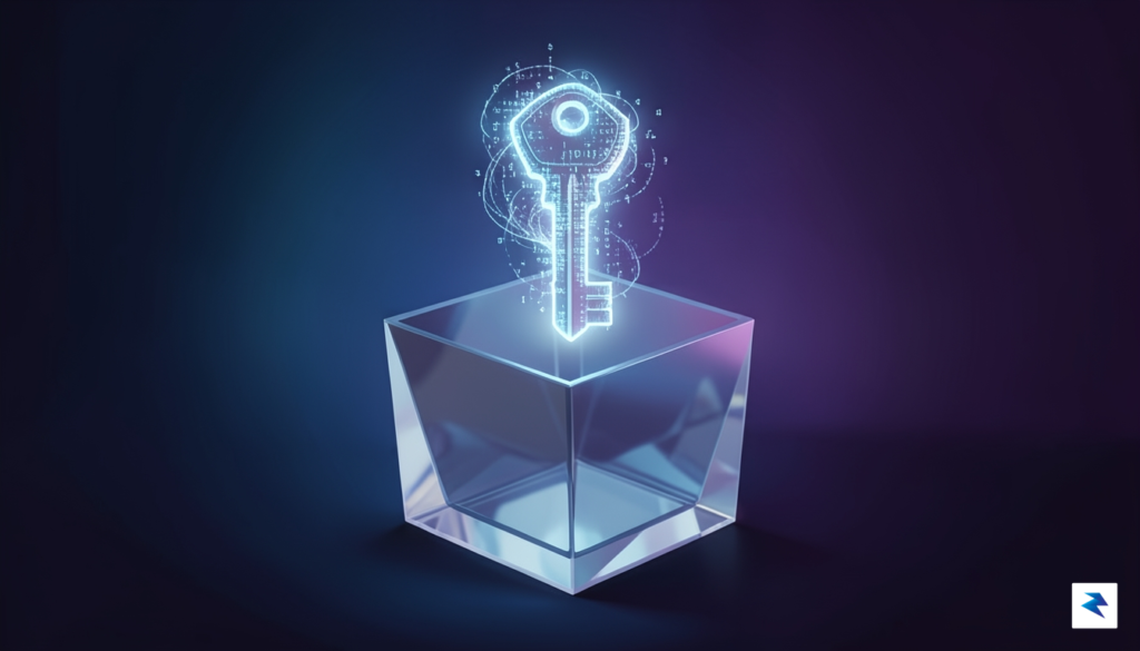A conceptual digital illustration showing a glowing, encrypted cryptographic key&hellip;