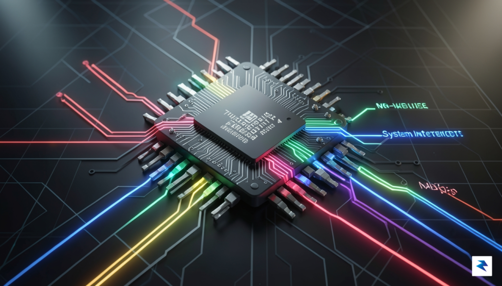 A high-tech digital illustration showing a schematic of a Thunderbolt…
