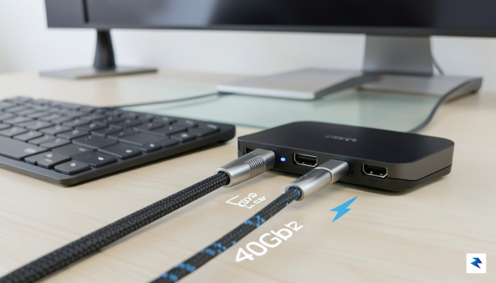 A close-up, high-quality photograph of a Thunderbolt 4 cable labeled…