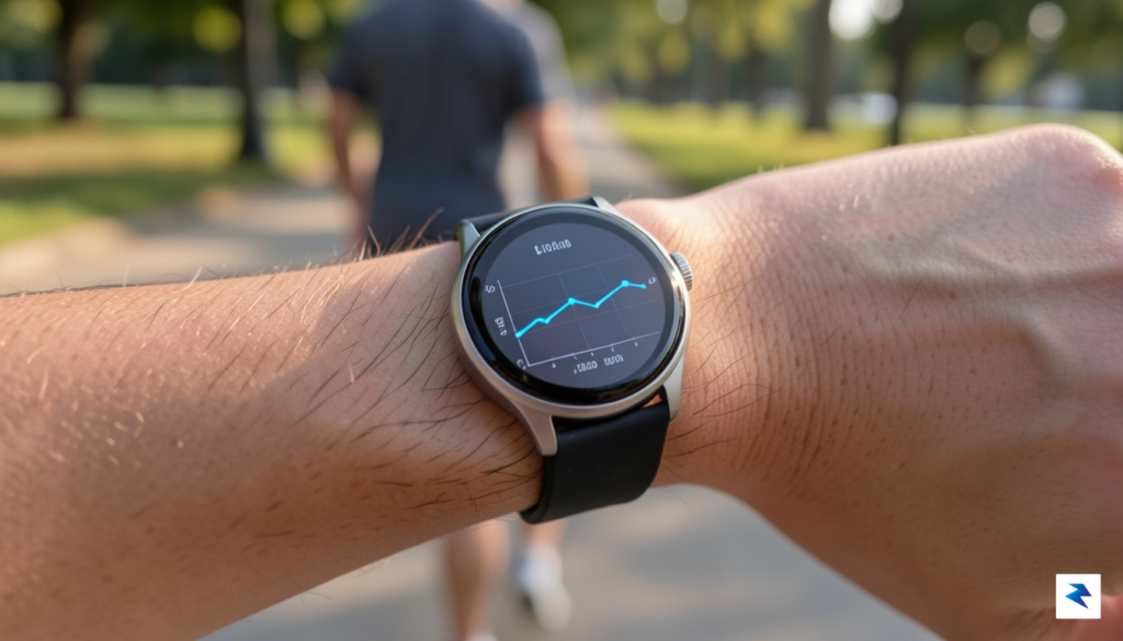 A close-up shot of a modern smartwatch screen displaying a&hellip;