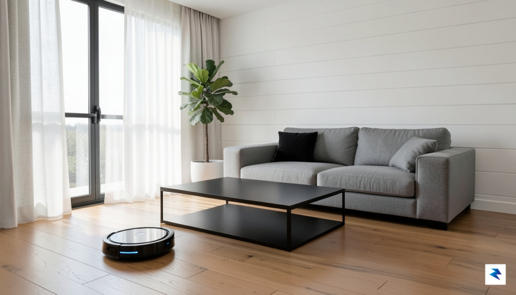 A modern, minimalist living room showing a sleek robotic vacuum…