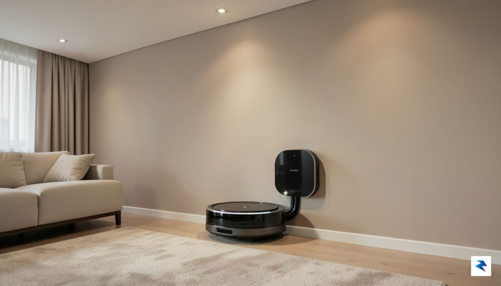 A sleek, modern living room featuring a high-end, minimalist robot…