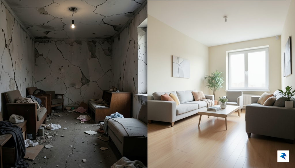 A split-screen comparison showing a dark, cluttered, and dilapidated apartment…