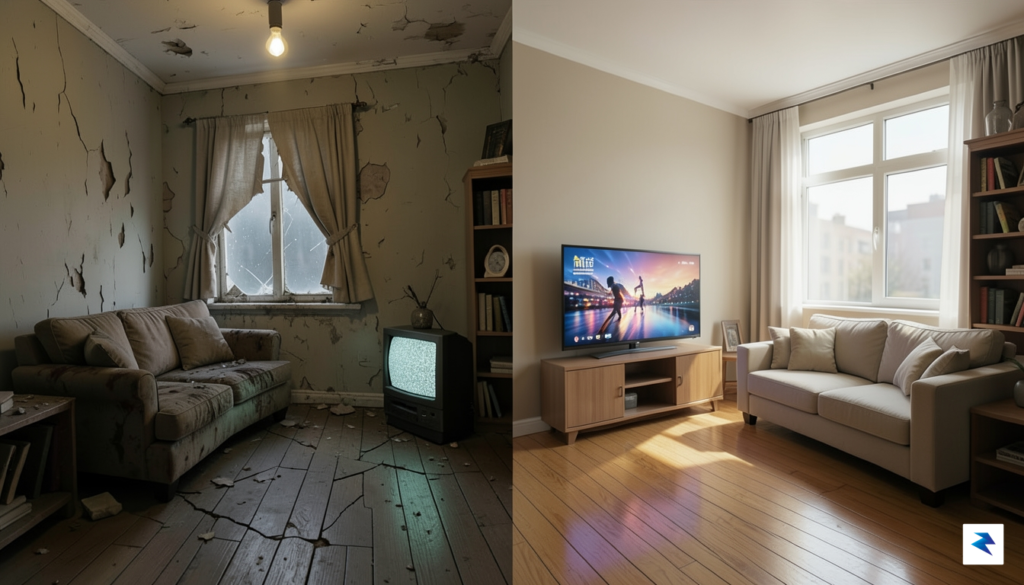 A split-screen digital illustration showing a dilapidated apartment room on…