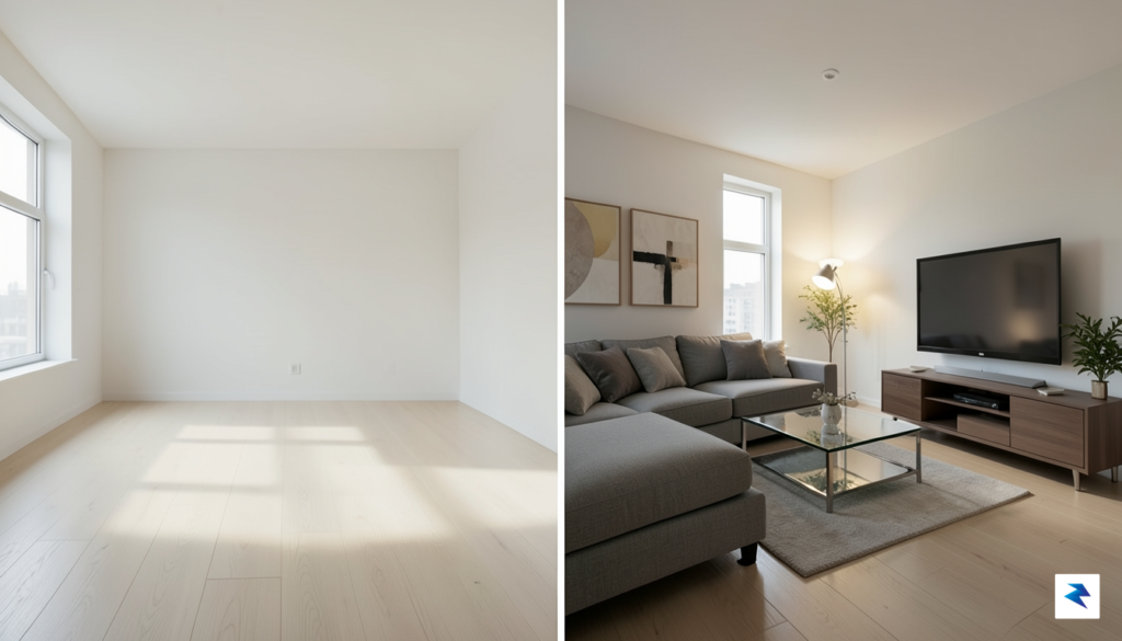 A split-screen digital rendering showing a stark, empty apartment on…