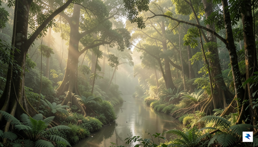 A wide-angle, atmospheric shot of the dense, misty Congo Basin…