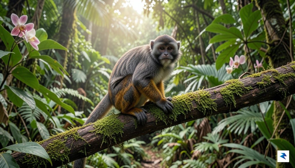 A detailed, high-resolution photograph of the Likweli monkey perched on…