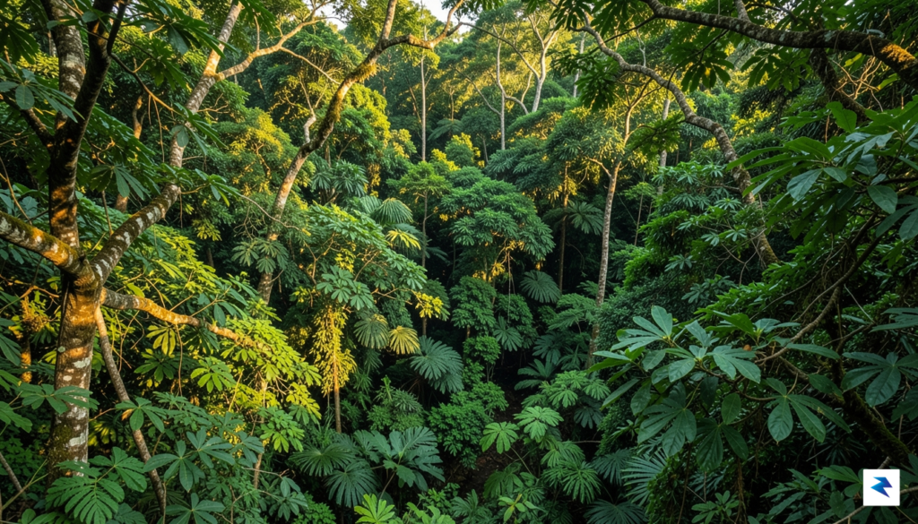 A lush, vibrant photograph of the thick canopy in the…