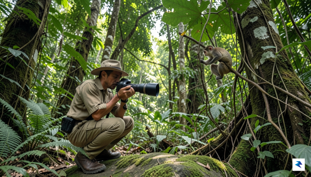 A photograph of a field biologist in the dense Congo…