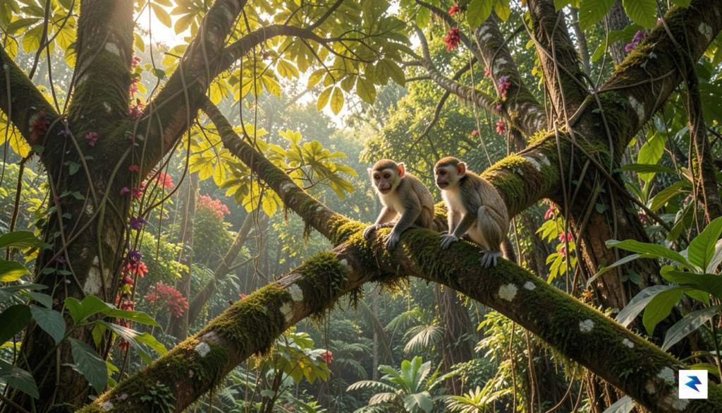A lush, vibrant tropical rainforest canopy in the Congo Basin,…