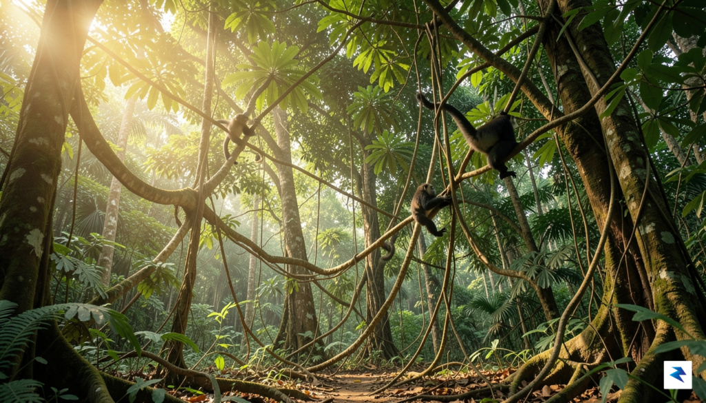 A lush, sunlight-dappled canopy of the Congo Basin rainforest, with…