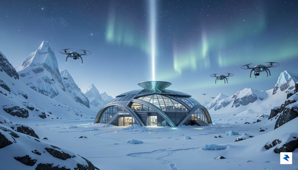 A conceptual rendering of a futuristic research station in a…