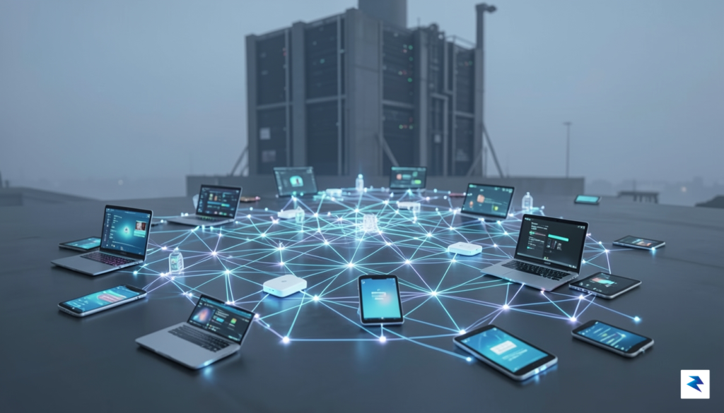 A vibrant, interconnected mesh network of various consumer devices (laptops,…