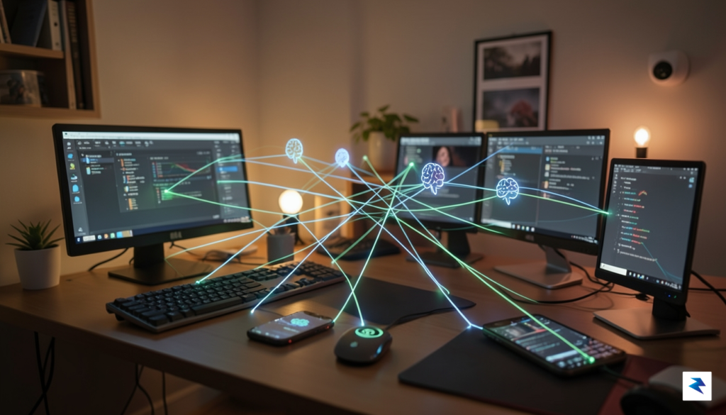 A network of personal computers, smartphones, and edge devices, interconnected…
