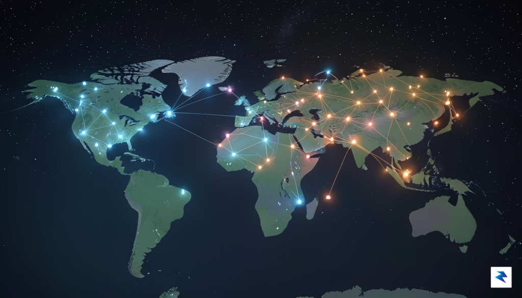 A conceptual digital landscape showing glowing interconnected nodes forming a…