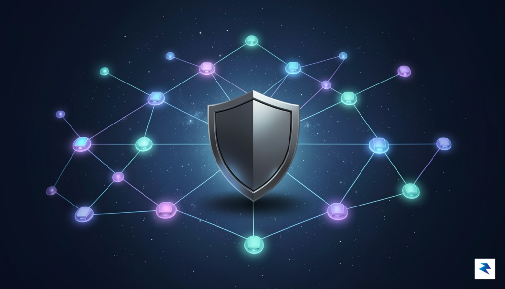 A conceptual illustration showing a secure, private network of interconnected…