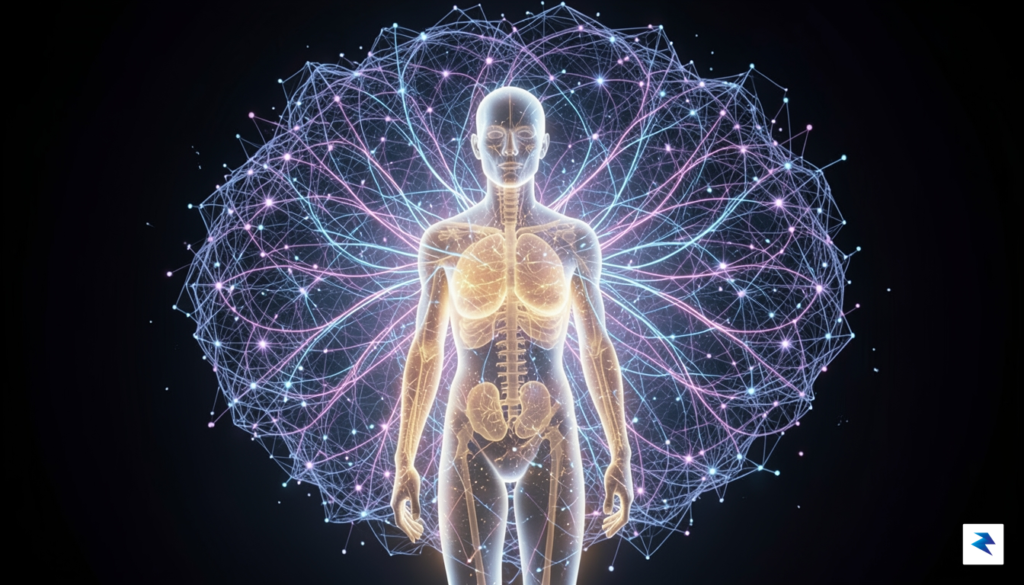 A conceptual digital illustration showing a glass human silhouette connected&hellip;