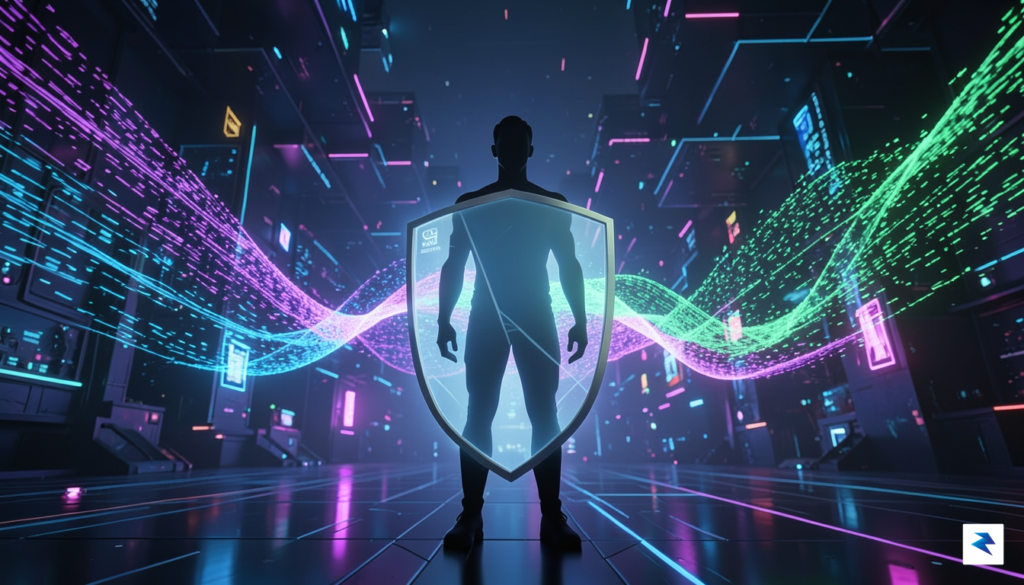 A conceptual illustration showing a digital shield protecting a human&hellip;