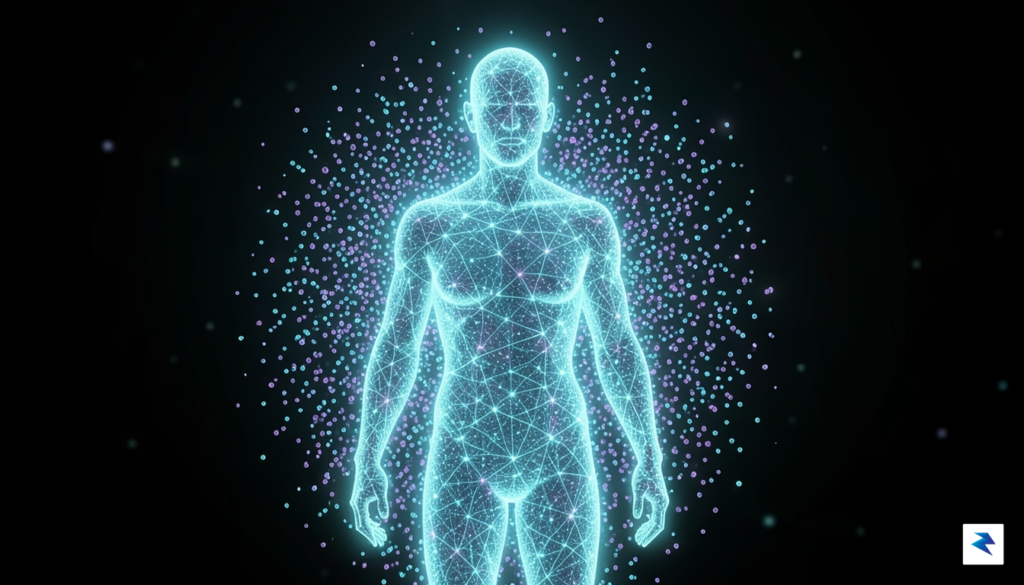 A conceptual digital illustration showing a translucent, glowing human silhouette&hellip;