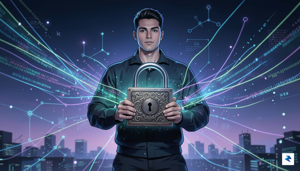A stylized illustration of a person holding a large padlock…