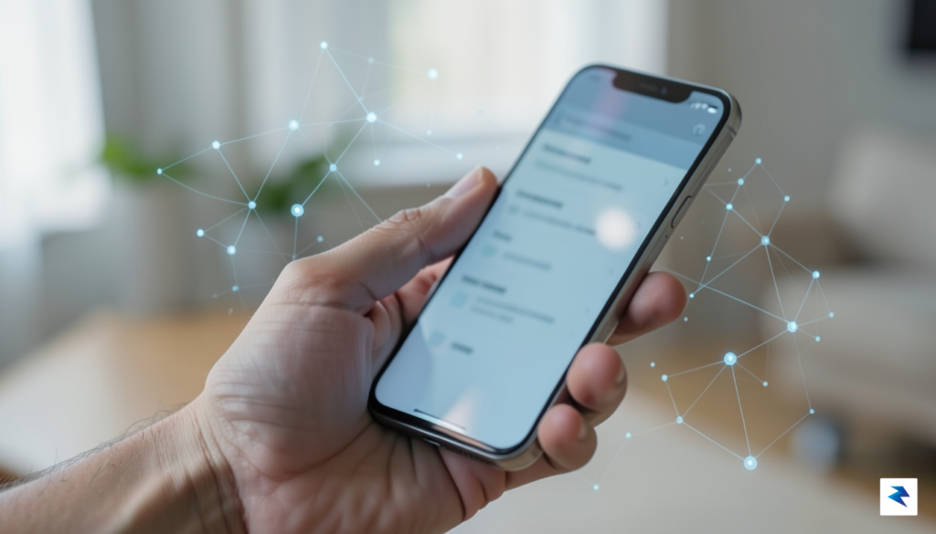 A user's hand holding a smartphone, with a blurred screen…