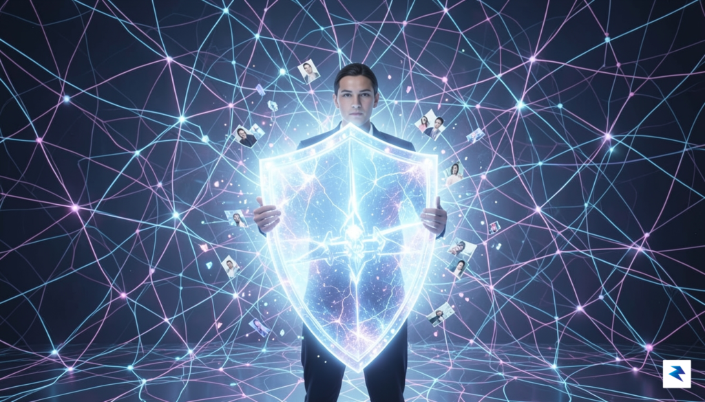 A conceptual digital illustration showing a user holding a shield…