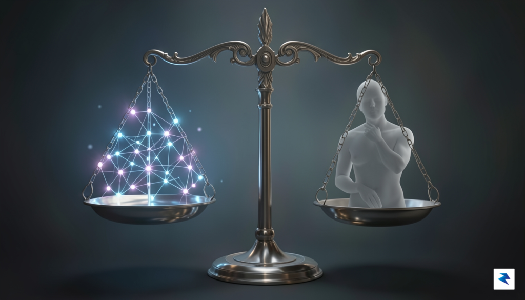 A conceptual digital illustration showing a balance scale, with one…