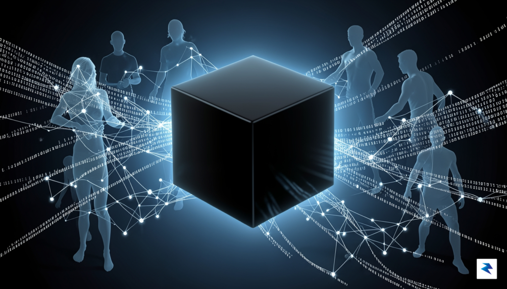 A conceptual digital illustration showing a glowing, opaque black cube&hellip;