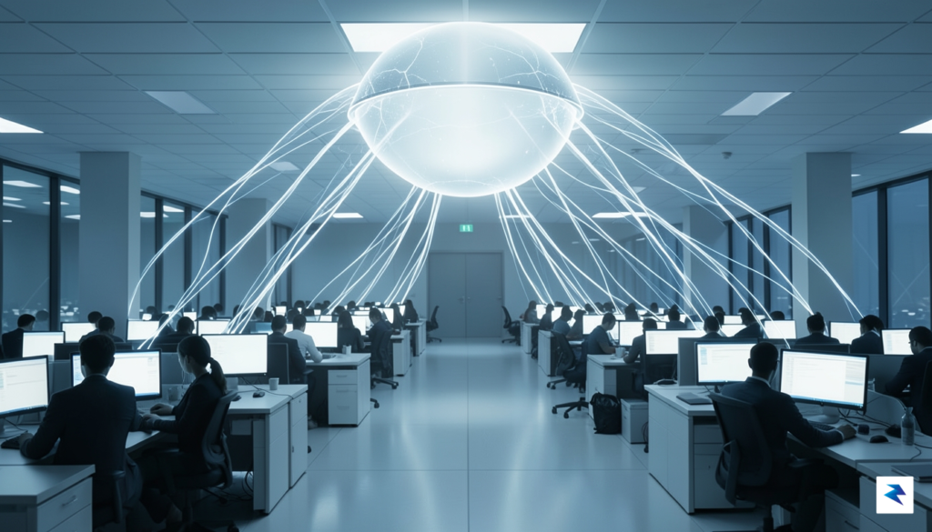 A conceptual digital illustration showing a glowing, neutral artificial intelligence&hellip;