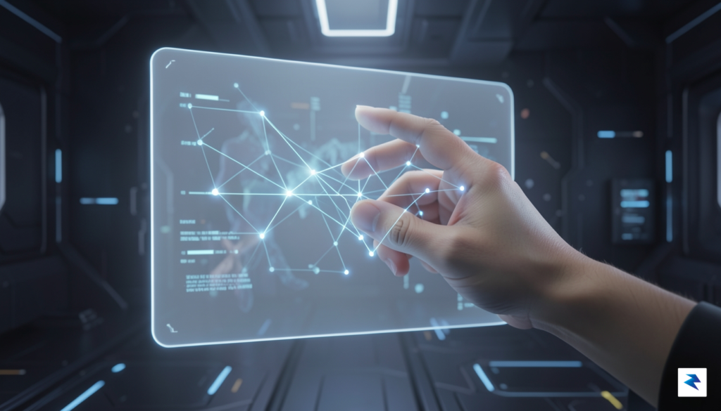 A conceptual digital illustration showing a human hand interacting with&hellip;