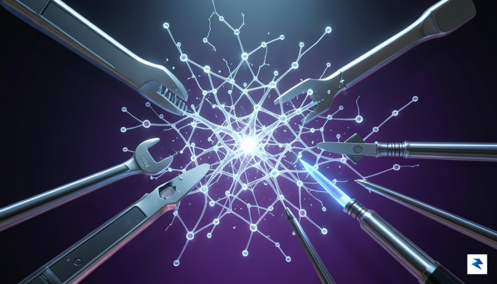 A conceptual digital illustration showing a complex, glowing neural network…